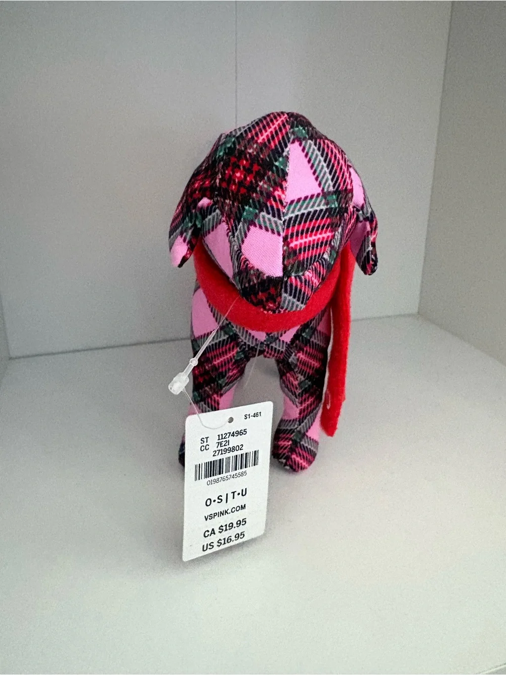 PINK Victoria's Secret Plaid Pink & Black Dog Plush with Red Scarf - Picture 3 of 6